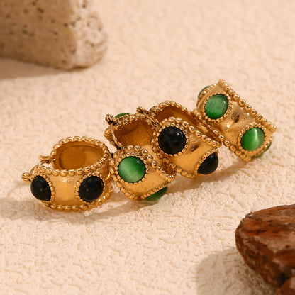 MamacitaSlay 316L Stainless Steel Retro Agate Beaded Edge Hoop Earrings 18K Gold Plated Waterproof Jewelry For Women Daily Wear