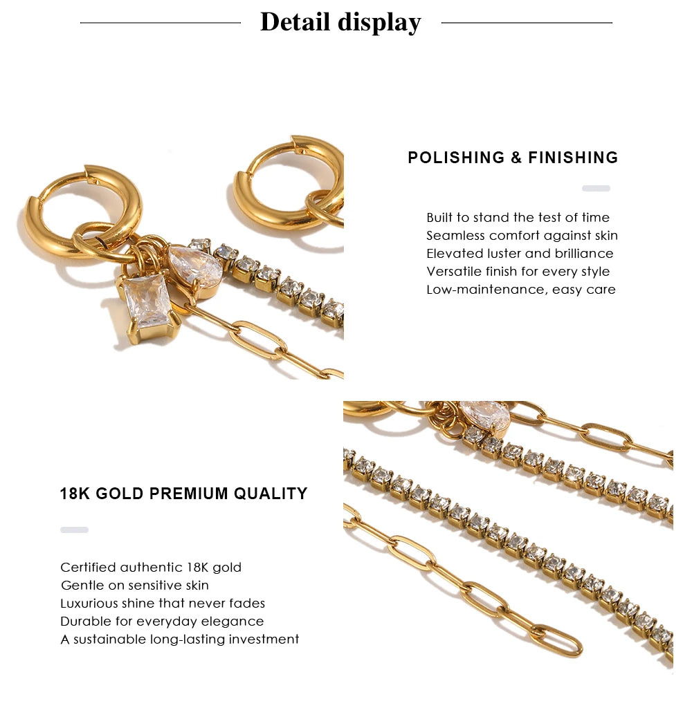 MamacitaSlay 316L Stainless Steel Mixed Chain Zircon Tassel Hoop Earrings 18K Gold Plated Waterproof Statement Jewelry For Women