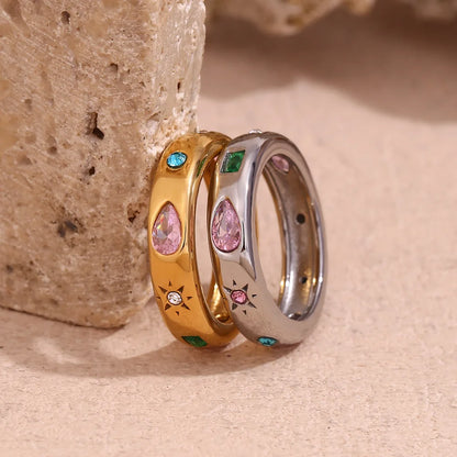 MamacitaSlay 316L Stainless Steel Multicolor Zircon Ring Waterproof 18K Gold Plated Jewelry For Women's Classic Ring Gift 2026