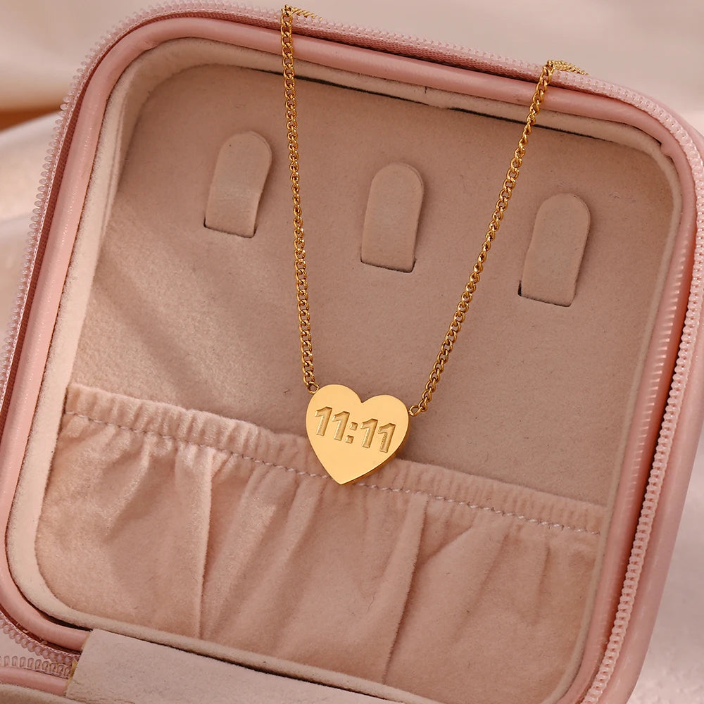 MamacitaSlay Latest Design 11:11 Heart Pendant Necklaces 18K Gold-Plated Stainless Steel Waterproof Jewelry for Women