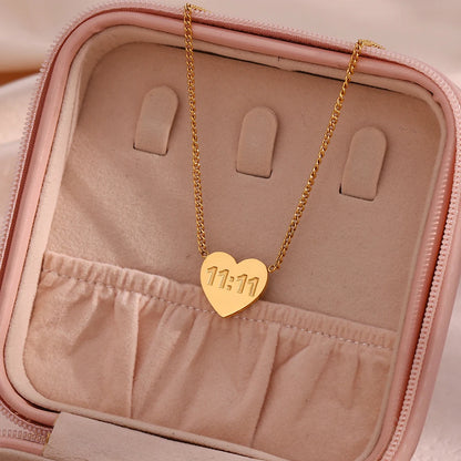 MamacitaSlay Latest Design 11:11 Heart Pendant Necklaces 18K Gold-Plated Stainless Steel Waterproof Jewelry for Women