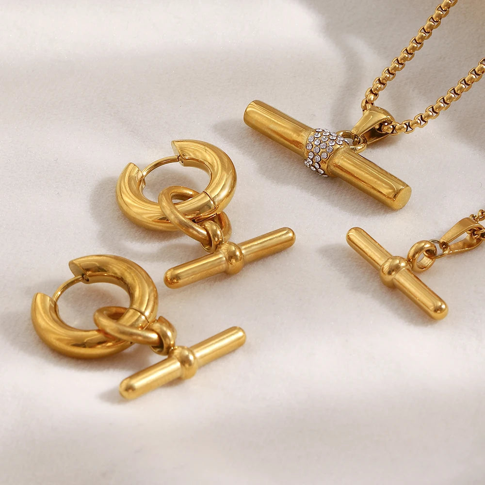 MamacitaSlay 316L Stainless Steel T-Bar Pendant Necklace Earrings Waterproof 18K Gold Plated Jewelry Women's Earrings Necklace