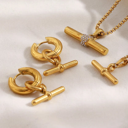 MamacitaSlay 316L Stainless Steel T-Bar Pendant Necklace Earrings Waterproof 18K Gold Plated Jewelry Women's Earrings Necklace