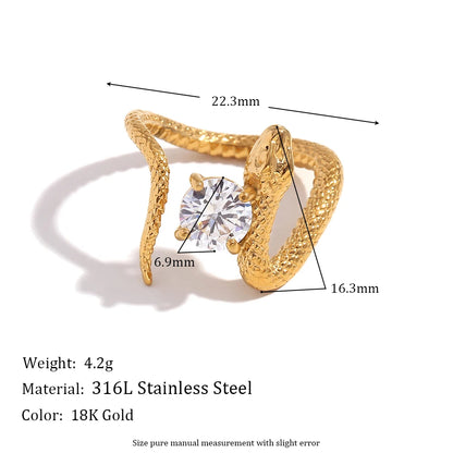 MamacitaSlay Stainless Steel Zircon Snake Opening Ring Party Trendy Waterproof Finger Jewelry Women's Charm Ring High Quality