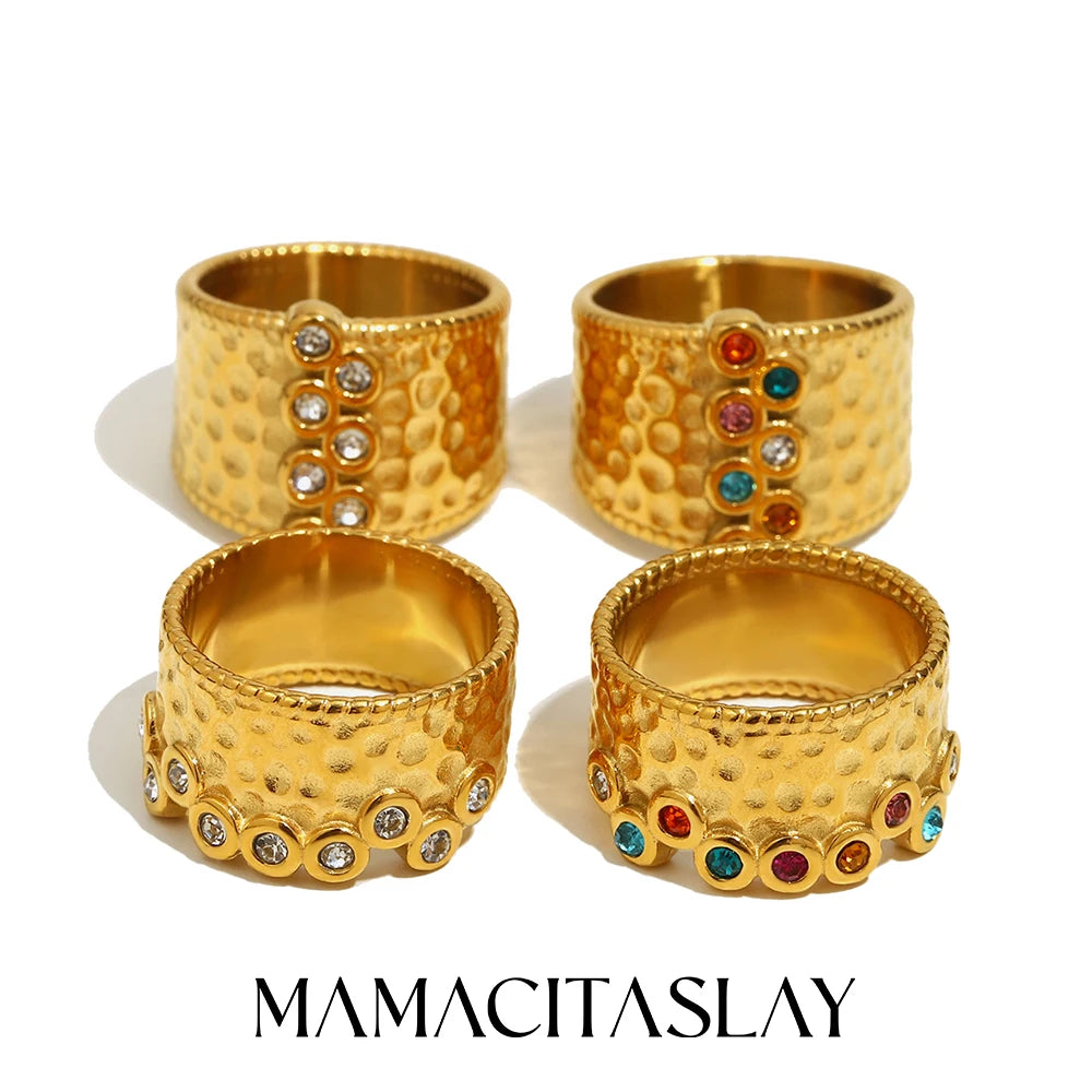 MamacitaSlay 316L Stainless Steel Multi Colored Zircon Hammer Patterned Wide Ring Party Waterproof Jewelry Women's Charm Ring