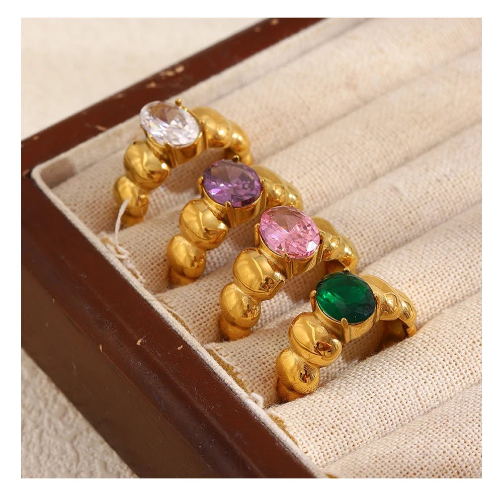 MamacitaSlay Classic 316L Stainless Steel Oval Multicolor Zircon Ring 18K Gold Plated Waterproof Jewelry For Women Everyday Wear