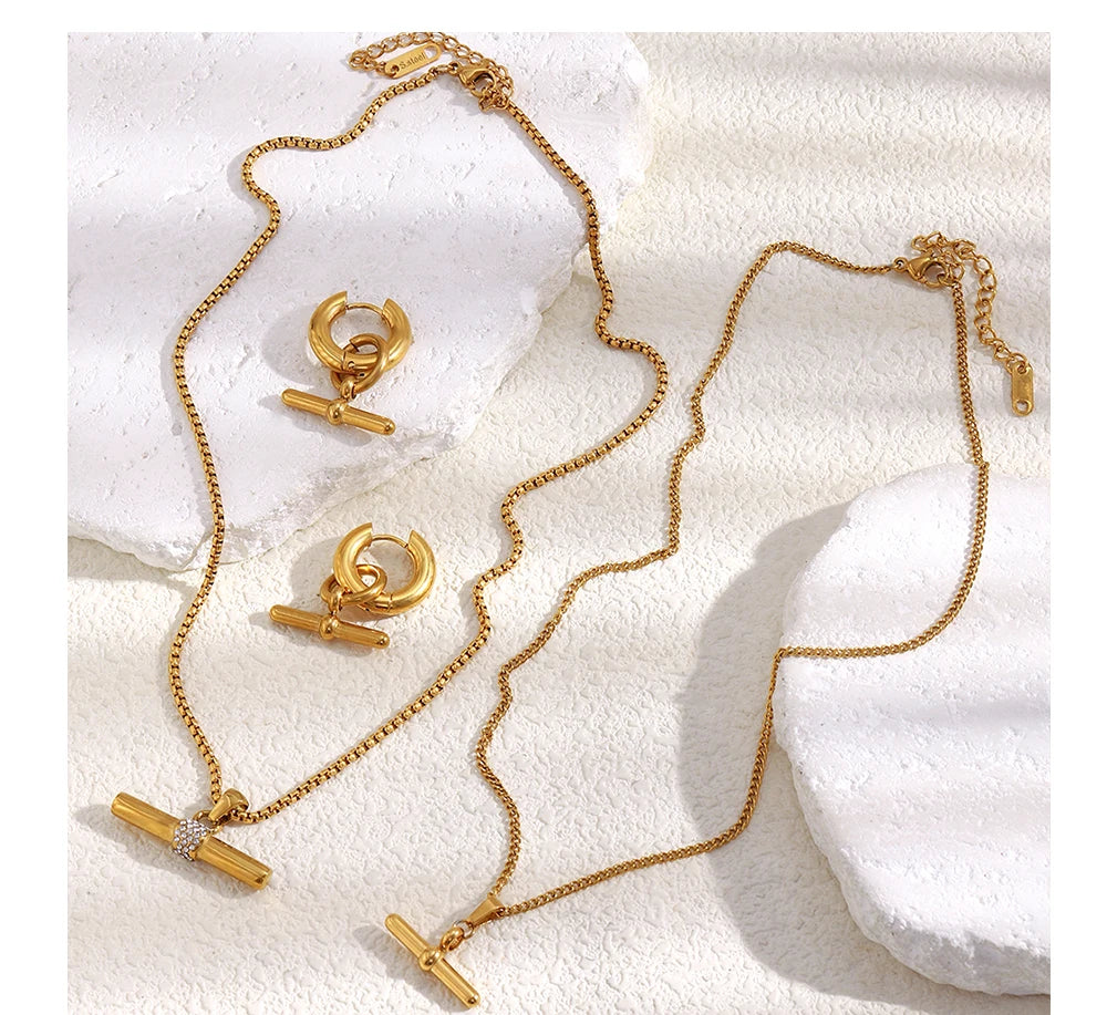 MamacitaSlay 316L Stainless Steel T-Bar Pendant Necklace Earrings Waterproof 18K Gold Plated Jewelry Women's Earrings Necklace