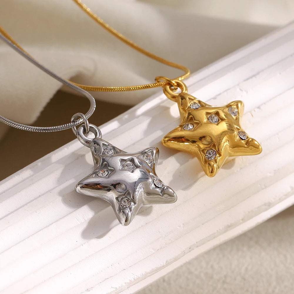 MamacitaSlay 316L Stainless Steel Zircon Star Pendant Necklace 18K Gold Plated Waterproof Jewelry Women's High Quality Necklace