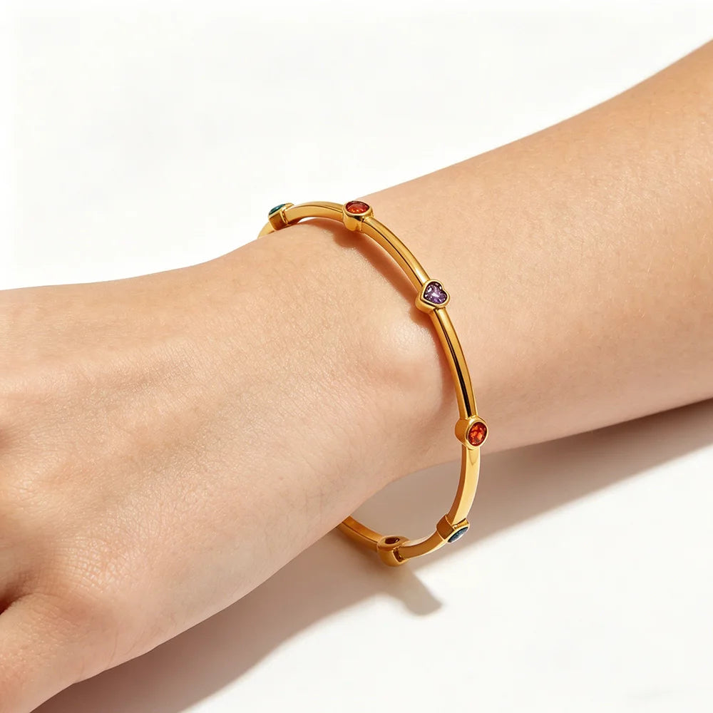 MamacitaSlay 316L Stainless Steel Colorful Zircon Heart Star Bangle 18K Gold Plated Waterproof Stackable Jewelry For Women Gift
