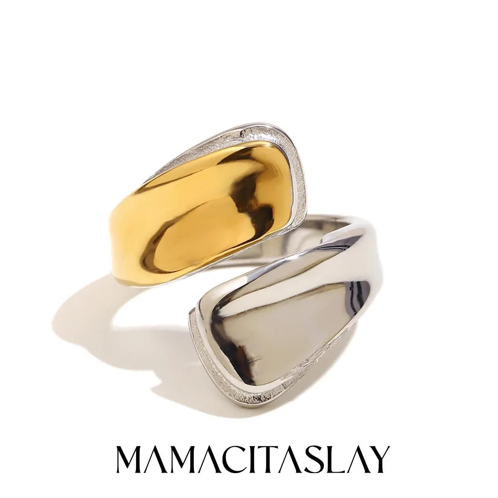 MamacitaSlay 316L Stainless Steel Two Tone Asymmetric Opening Ring Party Waterproof Jewelry Women's Unique Cool Creative Gift