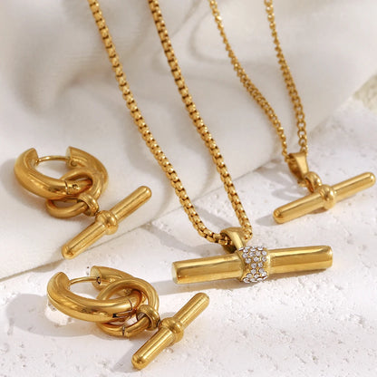 MamacitaSlay 316L Stainless Steel T-Bar Pendant Necklace Earrings Waterproof 18K Gold Plated Jewelry Women's Earrings Necklace