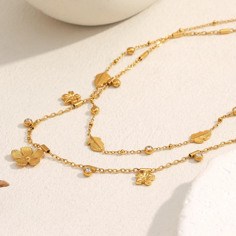 MamacitaSlay 316L Stainless Steel Zircon Flower Stackable Necklace Party Waterproof Neck Jewelry Women's Elegant Necklace Gift