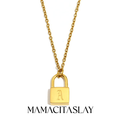 MamacitaSlay 316L Stainless Steel Ancient Letters Engaged Lock Pendant Necklace 18K Gold Plated Waterproof Neck Jewelry Gift