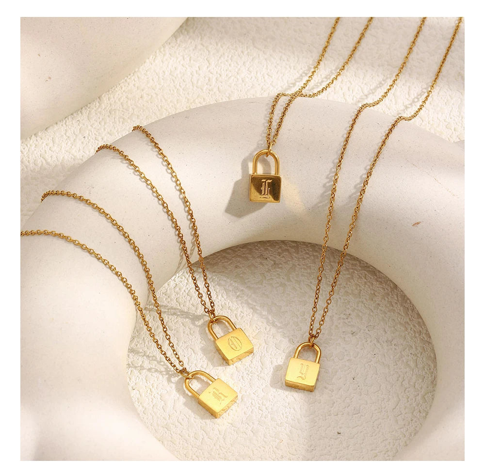MamacitaSlay 316L Stainless Steel Ancient Letters Engaged Lock Pendant Necklace 18K Gold Plated Waterproof Neck Jewelry Gift