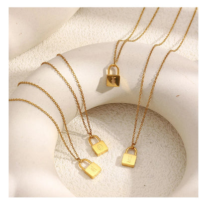 MamacitaSlay 316L Stainless Steel Ancient Letters Engaged Lock Pendant Necklace 18K Gold Plated Waterproof Neck Jewelry Gift