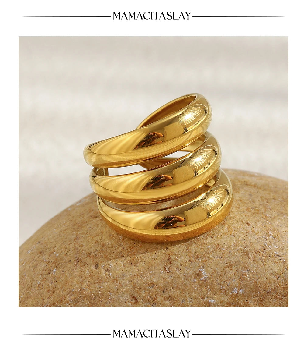MamacitaSlay 316L Stainless Steel Multilayer Open Ring Party Waterproof 18K Gold Plated Jewelry Women's Charm Cool Ring Gift