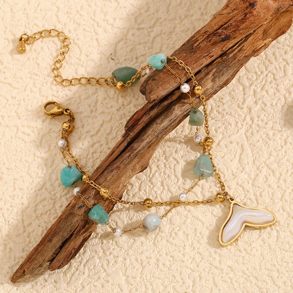 MamacitaSlay 18K Gold Plated Stainless Steel Natural Stone Double Layer Fishtail Anklet Chain Beach Party Waterproof Jewelry