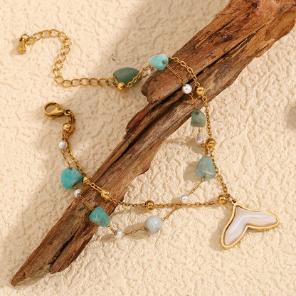 MamacitaSlay 18K Gold Plated Stainless Steel Natural Stone Double Layer Fishtail Anklet Chain Beach Party Waterproof Jewelry