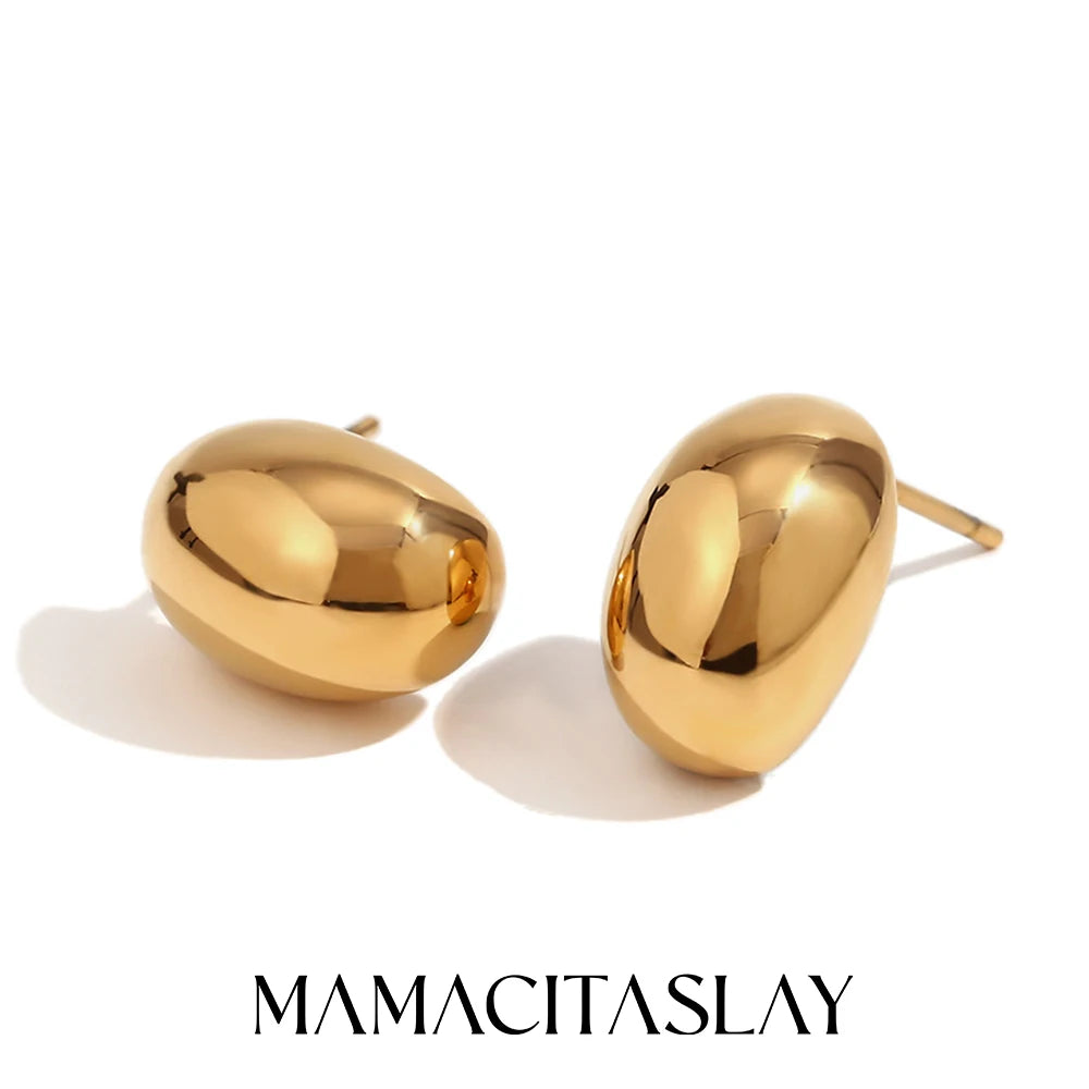 MamacitaSlay 316L Stainless Steel Puffy Bean Stud Earrings 18K Gold Plated Waterproof Jewelry For Women Minimalist Daily Wear