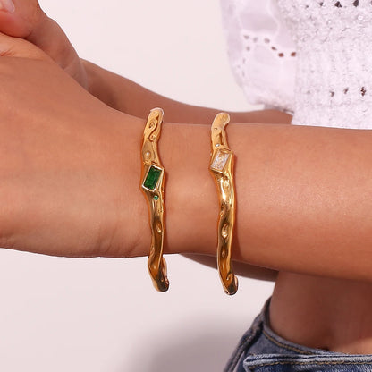 MamacitaSlay 316L Stainless Steel Twisted Shape Zircon Cuff Bracelet 18K Gold Plated Waterproof Jewelry For Women Everyday Wear