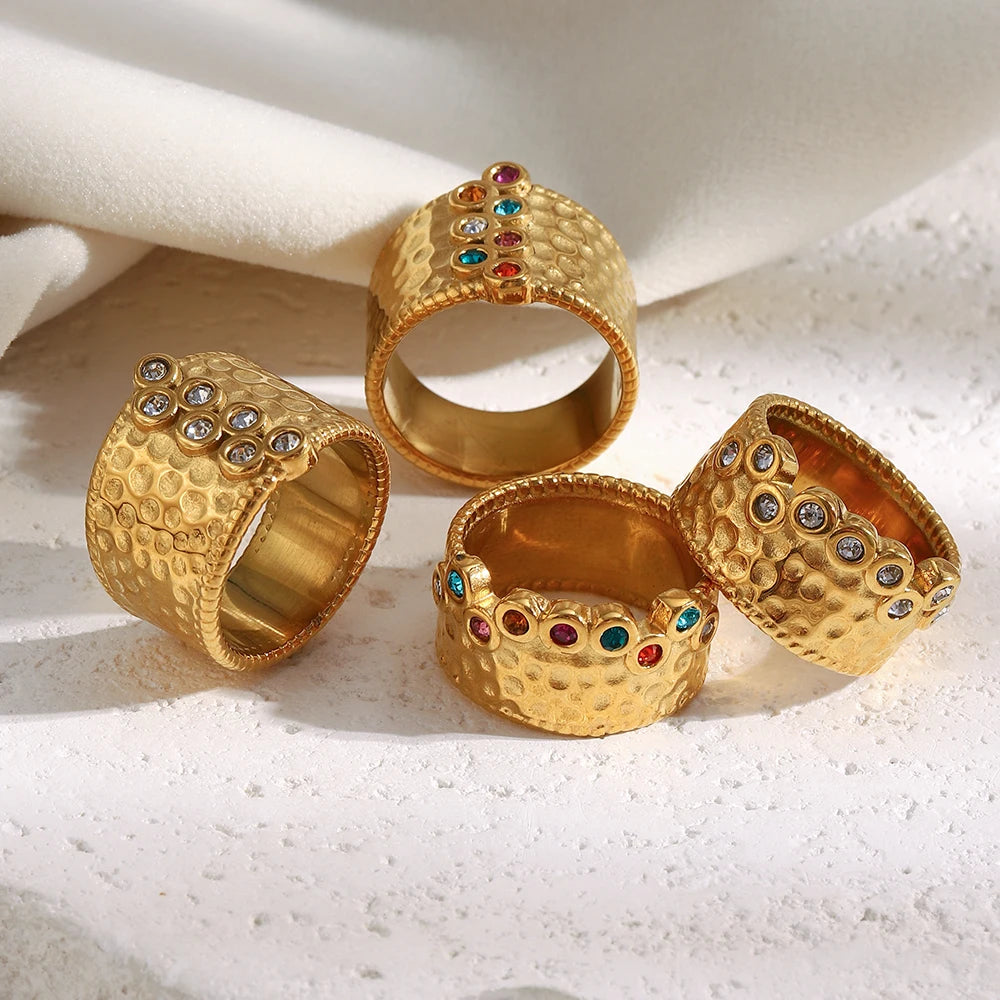 MamacitaSlay 316L Stainless Steel Multi Colored Zircon Hammer Patterned Wide Ring Party Waterproof Jewelry Women's Charm Ring