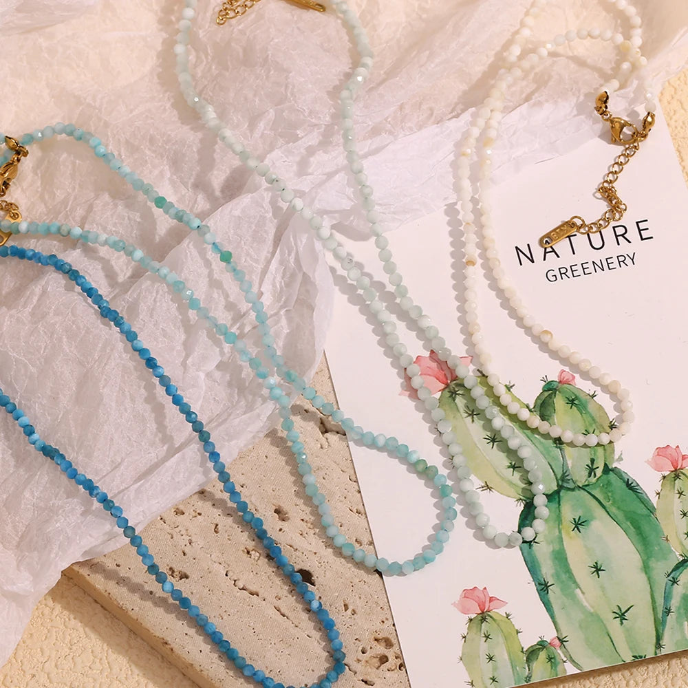 MamacitaSlay Simple 316L Stainless Steel Natural Stone Bead Necklace Waterproof Neck Jewelry Women's Elegant Statement Necklace