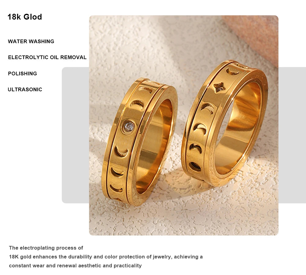 MamacitaSlay 316L Stainless Steel Spinning Moon Star Hollow Out Zircon Ring 18K Gold Plated Waterproof Jewelry For Women Gift