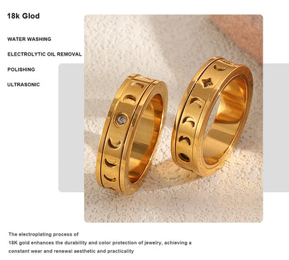 MamacitaSlay 316L Stainless Steel Spinning Moon Star Hollow Out Zircon Ring 18K Gold Plated Waterproof Jewelry For Women Gift