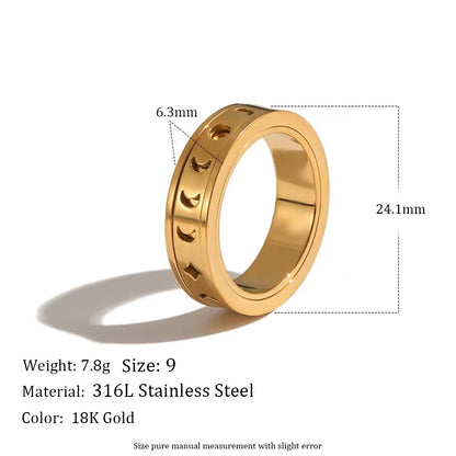 MamacitaSlay 316L Stainless Steel Spinning Moon Star Hollow Out Zircon Ring 18K Gold Plated Waterproof Jewelry For Women Gift