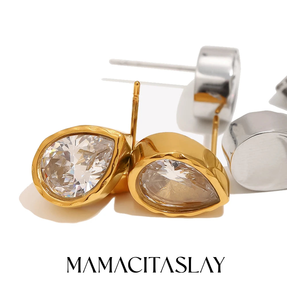 MamacitaSlay 316L Stainless Steel Water Drop Horse Eye Zircon Stud Earrings 18K Gold Plated Waterproof Elegant Jewelry For Women
