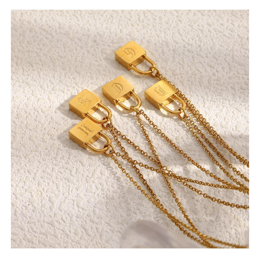 MamacitaSlay 316L Stainless Steel Ancient Letters Engaged Lock Pendant Necklace 18K Gold Plated Waterproof Neck Jewelry Gift