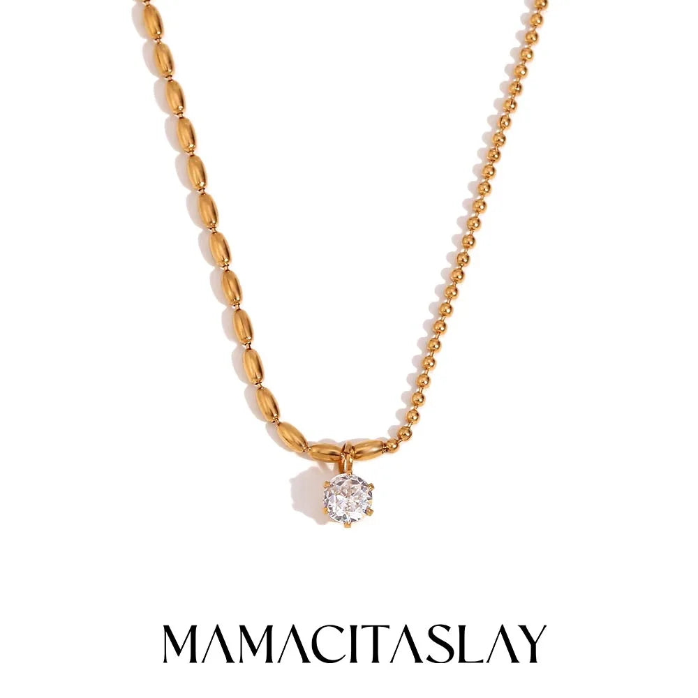 MamacitaSlay Elegant Half Rice Beads Chain Half Round Beads Chain Shiny Round Zircon Pendant Women's Stainless Steel Necklace