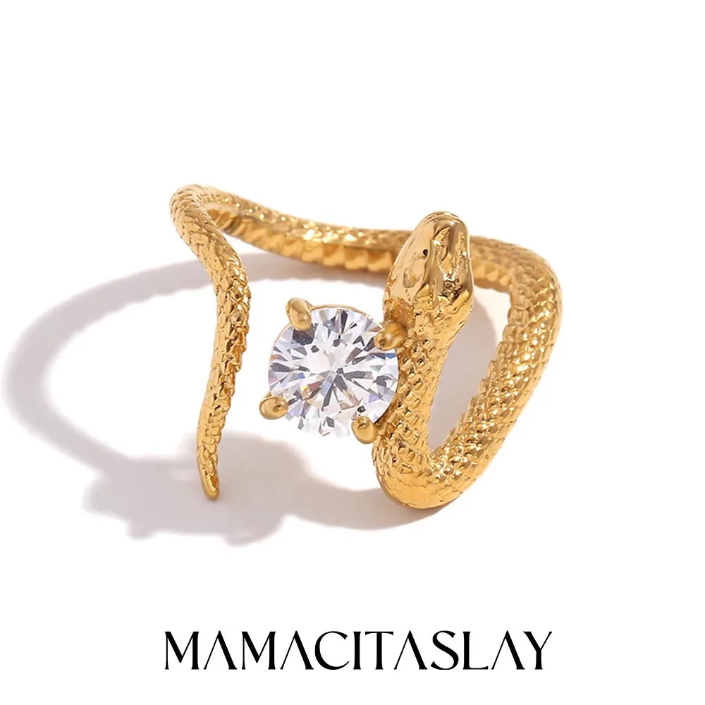 MamacitaSlay Stainless Steel Zircon Snake Opening Ring Party Trendy Waterproof Finger Jewelry Women's Charm Ring High Quality