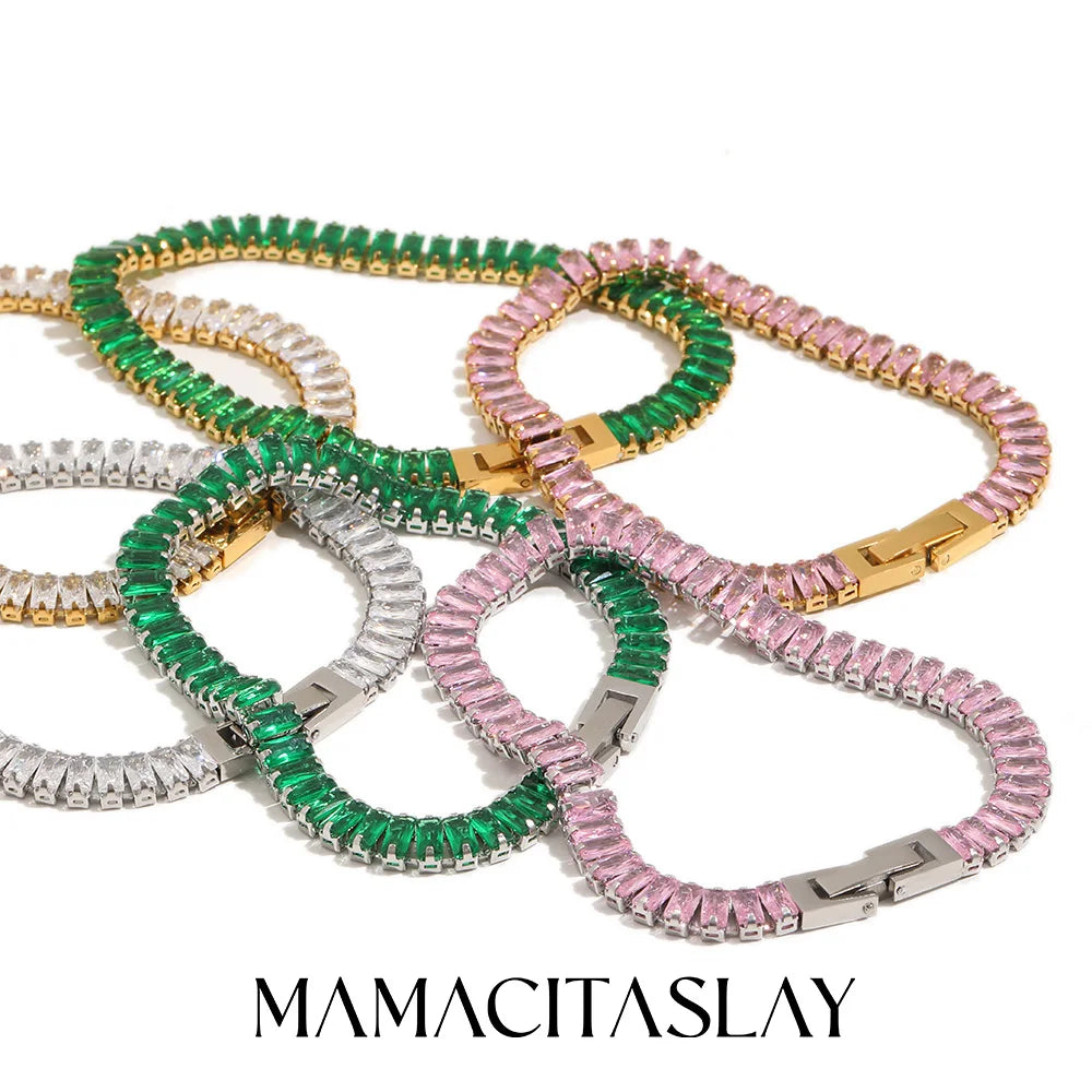 MamacitaSlay 316L Stainless Steel Baguette Zircon Bracelet 18K Gold Plated Waterproof Jewelry For Women Trend Stackable Bracelet