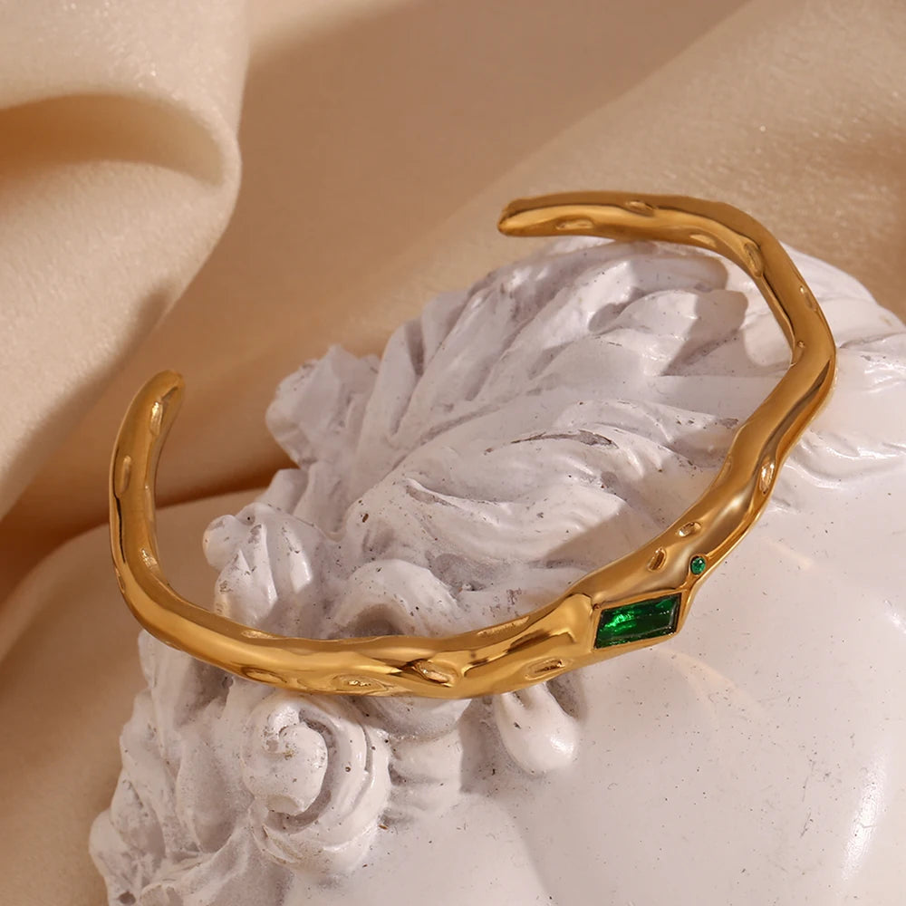 MamacitaSlay 316L Stainless Steel Twisted Shape Zircon Cuff Bracelet 18K Gold Plated Waterproof Jewelry For Women Everyday Wear
