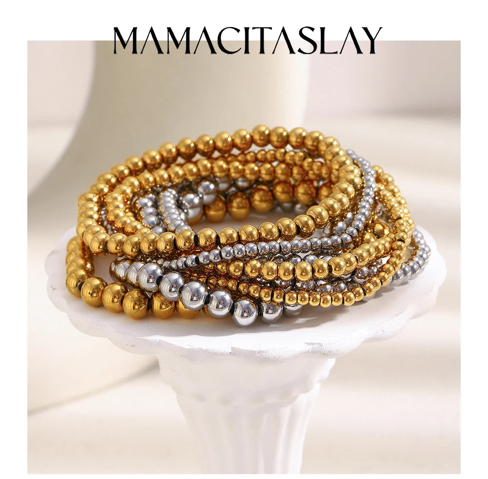 MamacitaSlay 316L Stainless Steel Elastic Bead Bracelet 18K Gold Plated Waterproof Wrist Jewelry High Quality Bracelet Gifts