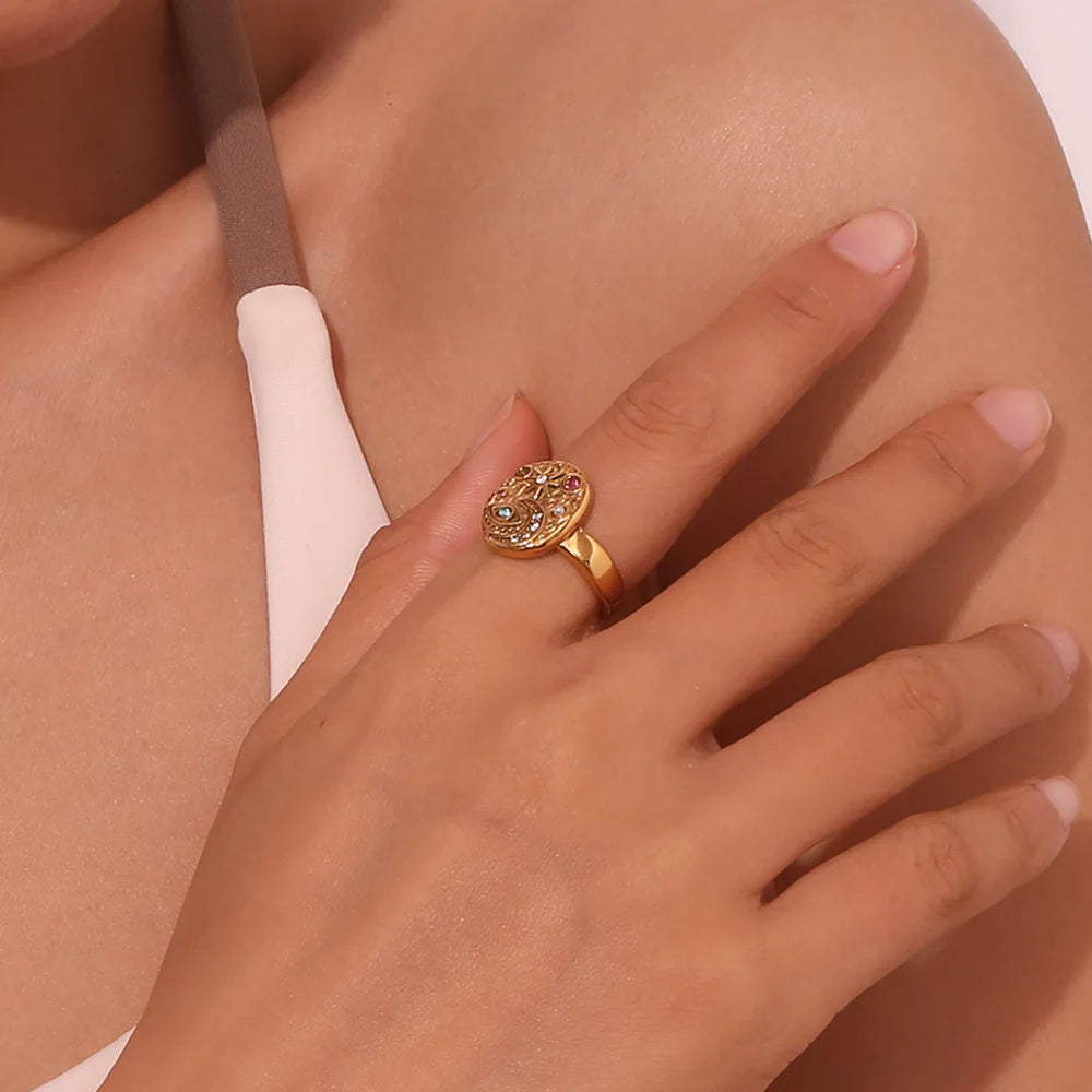 MamacitaSlay Unique 316L Stainless Steel Star Moon Evil Eye Zircon Necklace Ring 18K Gold Plated Waterproof Jewelry For Women