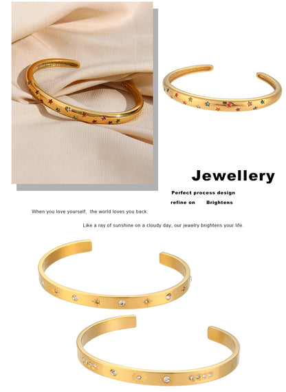 18K Gold Plated Deliacte Luxury Colorful Zircon Shiny Stars Cuff Bangles High Quality Waterproof Jewelry Bracelets for Women