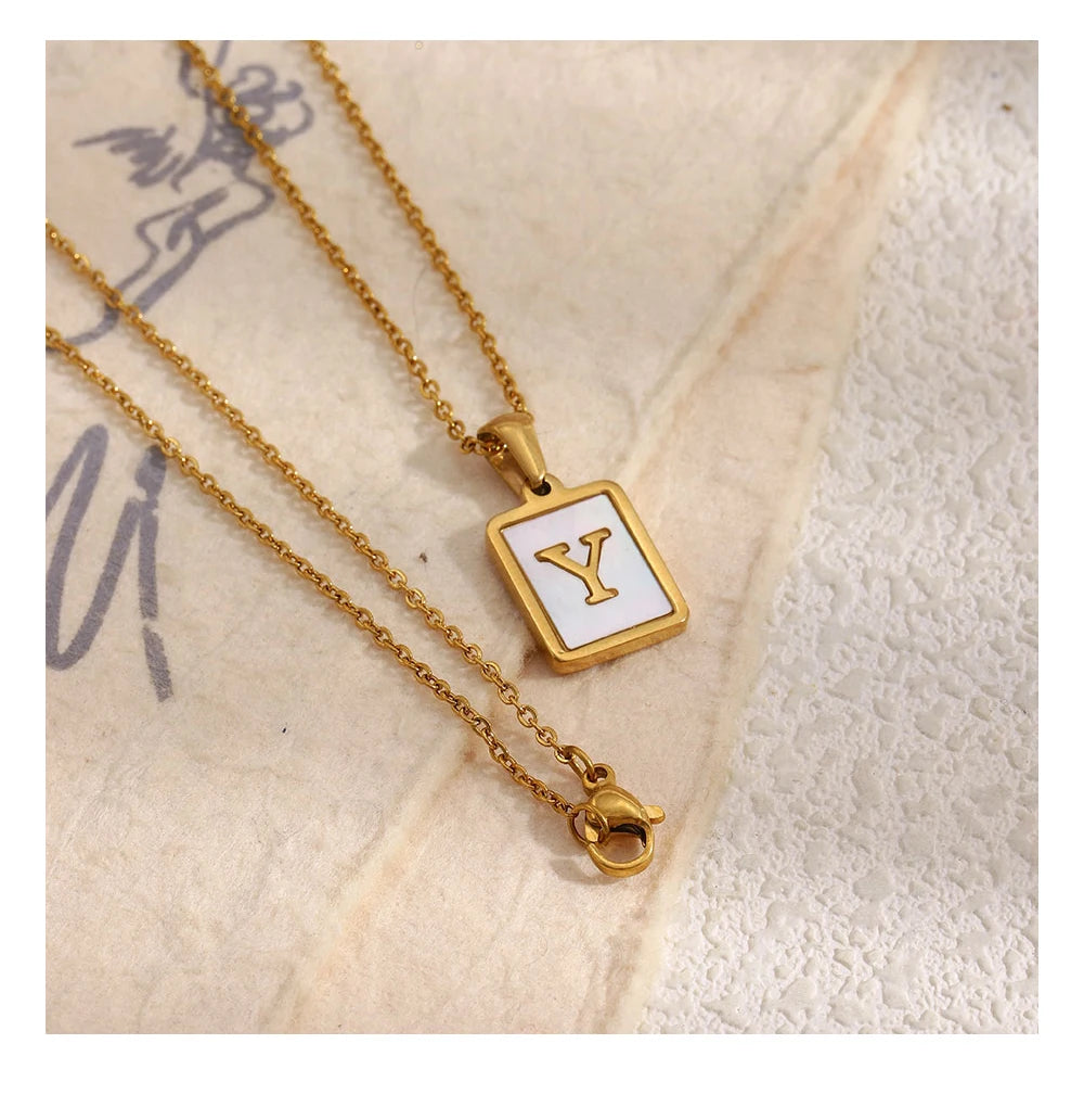 MamacitaSlay 18K Gold Plated Chain Necklaces Male Square Shell Letters Necklaces 316L Stainless Steel Jewelry For Women Gift