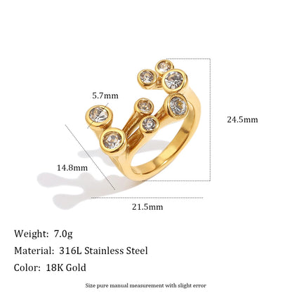 MamacitaSlay 316L Stainless Steel Multicolor CZ Branch Shape Open Ring 18K Gold Plated Waterproof Jewelry For Women Party Gift