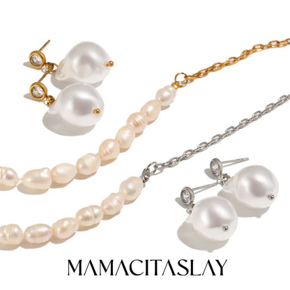MamacitaSlay 316L Stainless Steel Zircon Baroque Pearl Earrings Necklace 18K Gold Plated Waterproof Jewelry Set For Women Gift