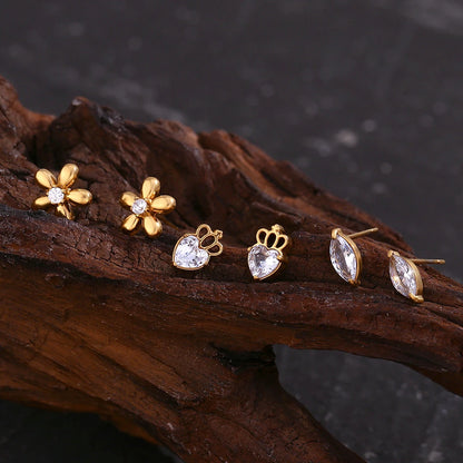 MamacitaSlay Delicate Zircon Flower Crown Horse Eye Stainless Steel Earrings Mini 18K Gold Plated Stud Earrings Fashion Jewelry