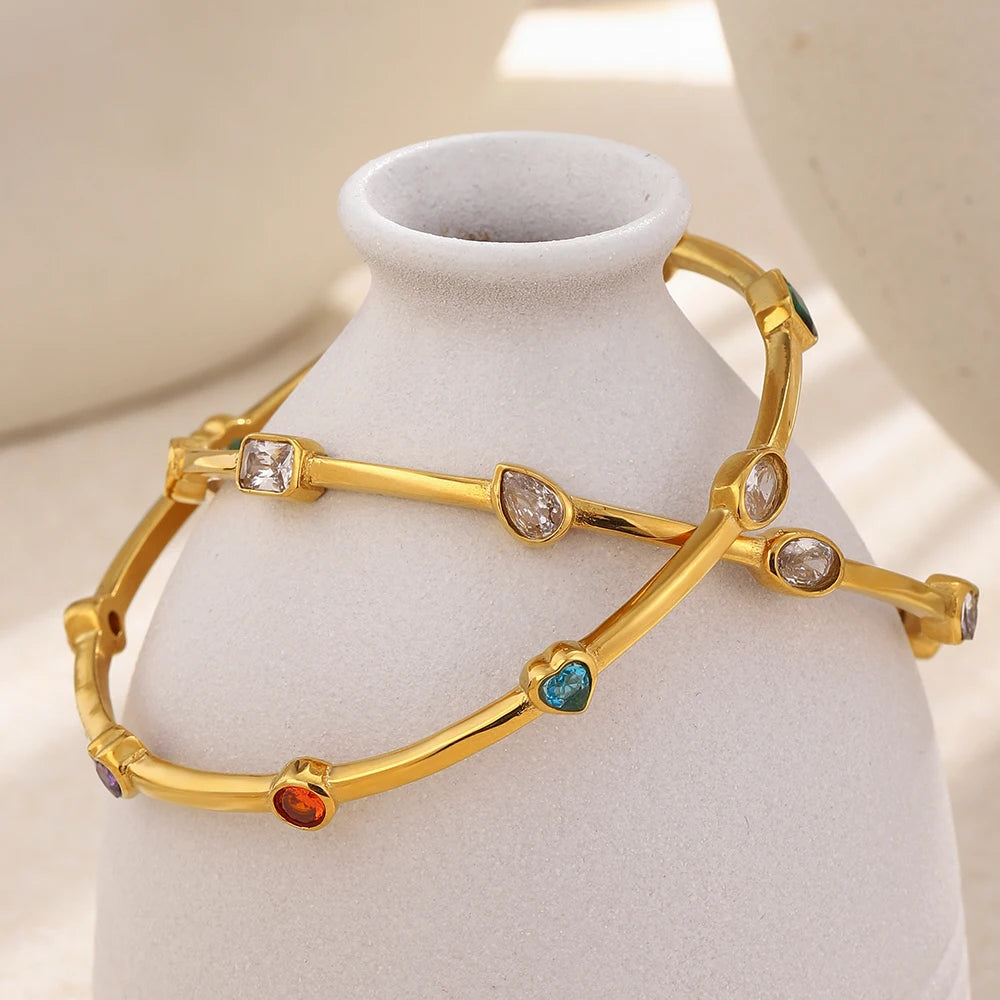 MamacitaSlay 316L Stainless Steel Colorful Zircon Heart Star Bangle 18K Gold Plated Waterproof Stackable Jewelry For Women Gift