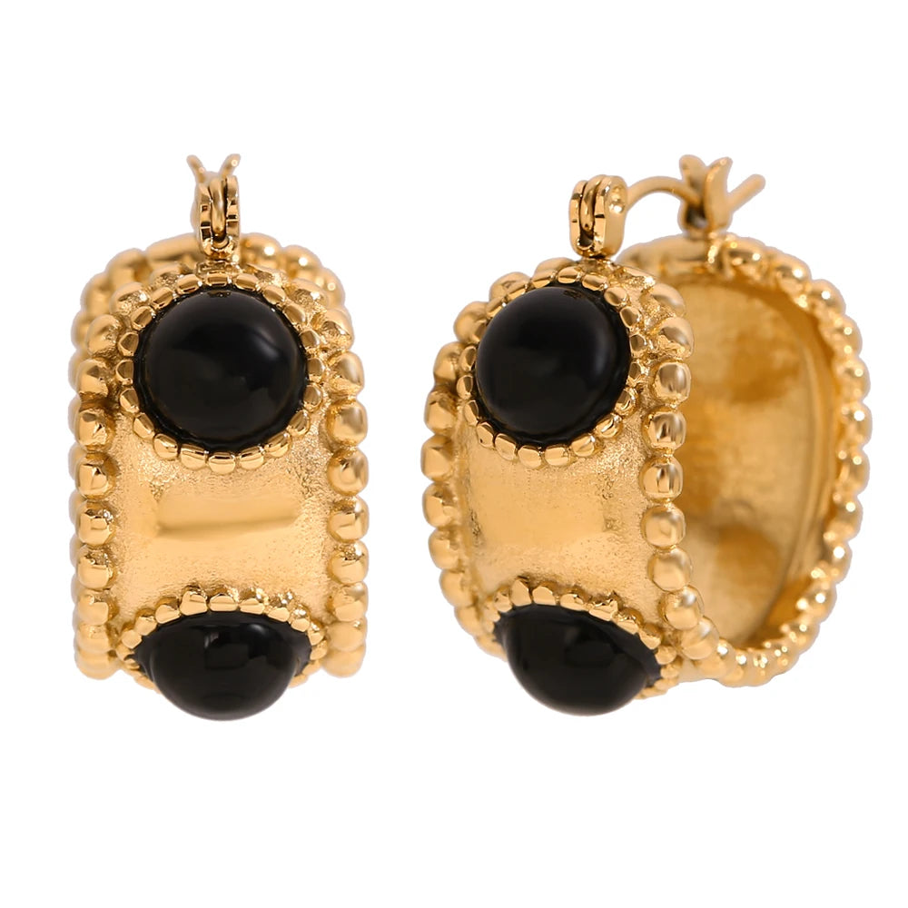 MamacitaSlay 316L Stainless Steel Retro Agate Beaded Edge Hoop Earrings 18K Gold Plated Waterproof Jewelry For Women Daily Wear