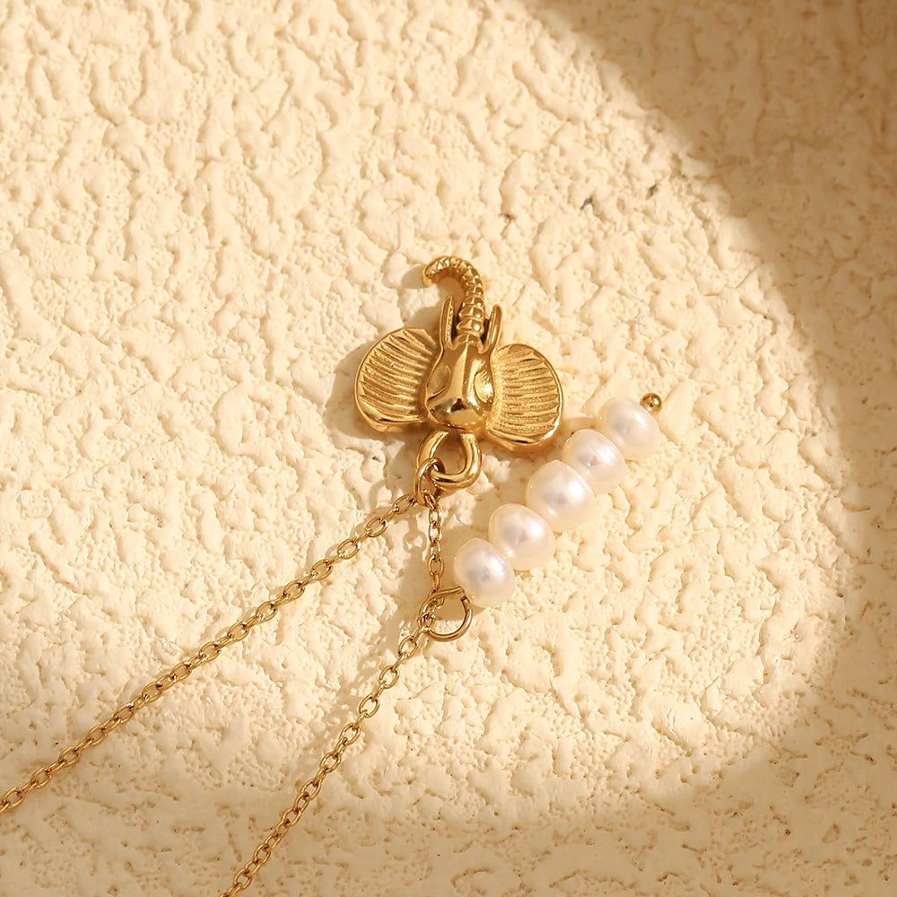 MamacitaSlay Stainless Steel Pearl Elephant Necklace Vacation Party Waterproof Jewelry Women's Charm High Quality Neck Jewelry
