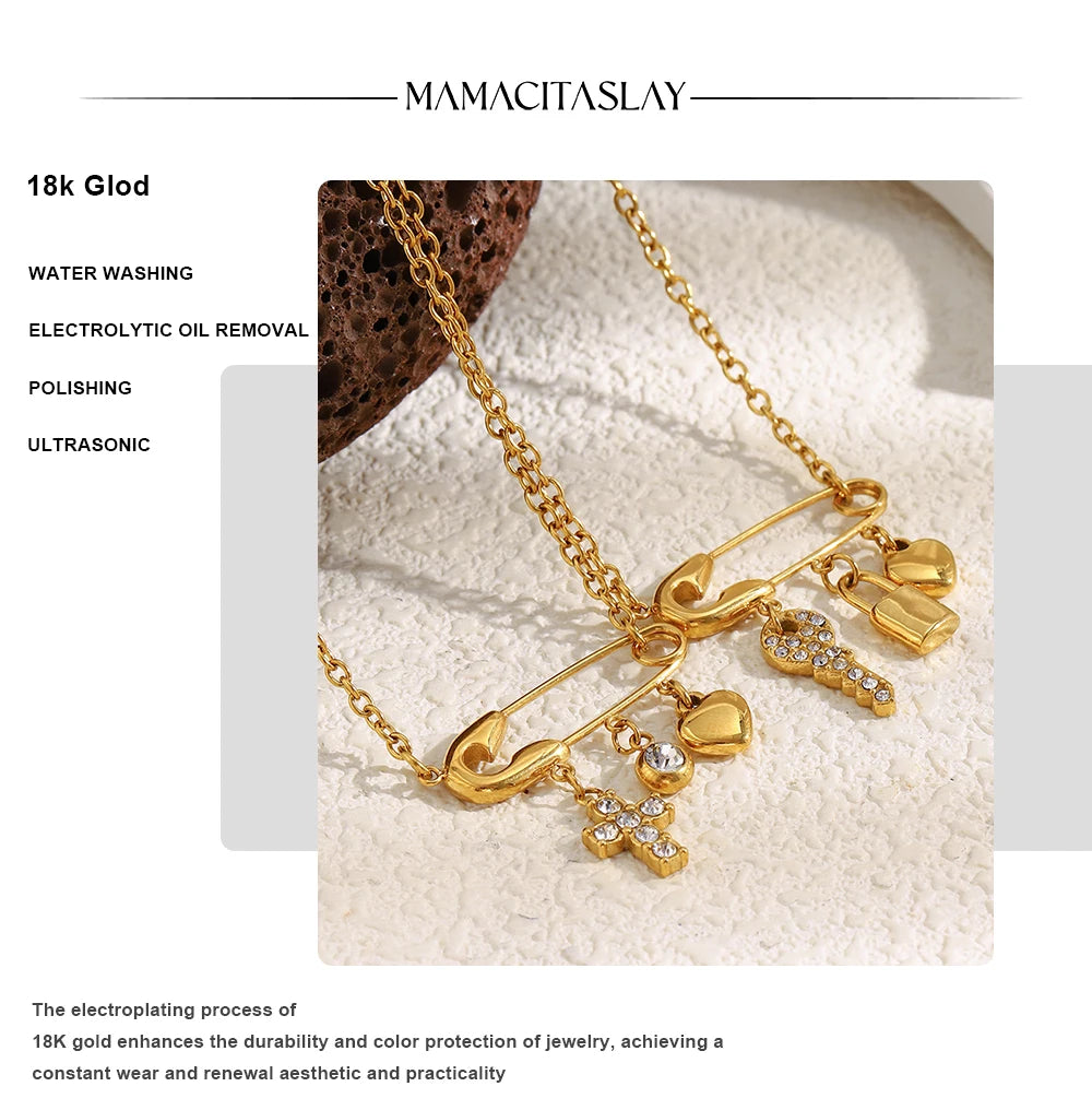 MamacitaSlay 316L Stainless Steel Zircon Paper Clip Key Lock Cross Pendant Necklace Waterproof Jewelry Women's Creative Necklace