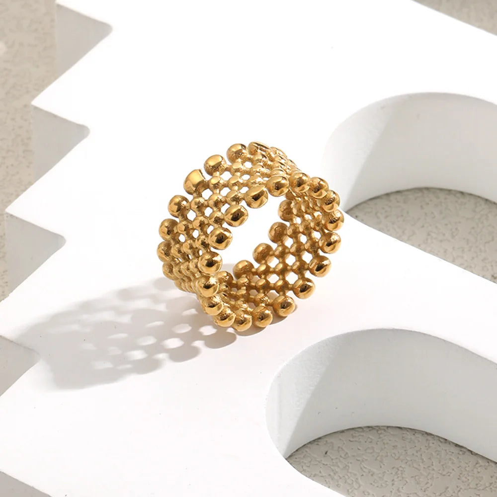 MamacitaPlay 316L Stainless Steel Mesh Hollow Out Ball Ring 18K Gold Plated Waterproof Jewelry For Women Trend Everyday Wear
