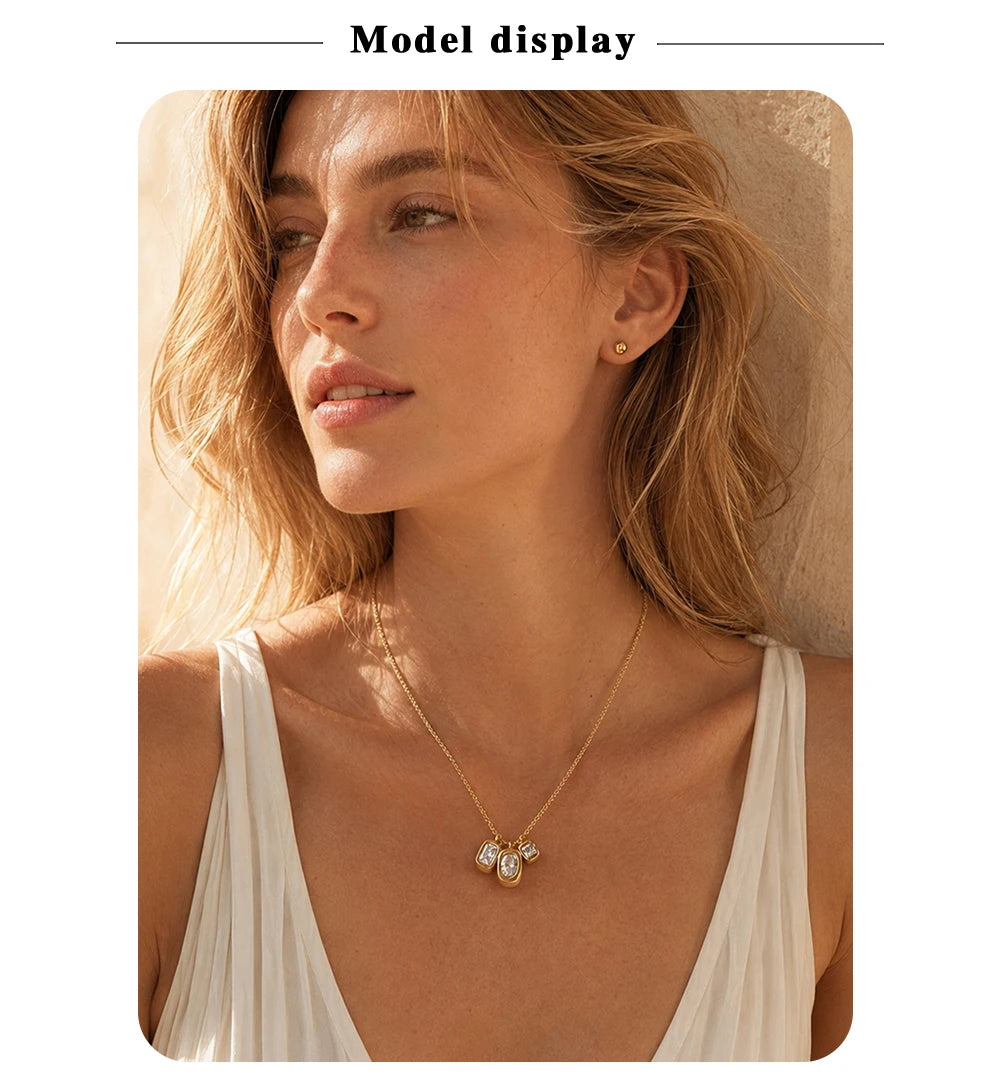 MamacitaSlay Elegant 316LStainless Steel Oval Rectangle Zircon Necklace 18K Gold Plated Waterproof Jewelry For Women Dainty Gift