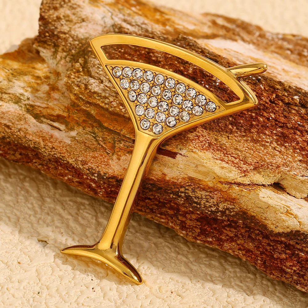 MamacitaSlay Unique 18K Gold Plated Zircon Wine Glass Leopard Brooch Banquet Waterproof Jewelry Women's High Quality Jewelry