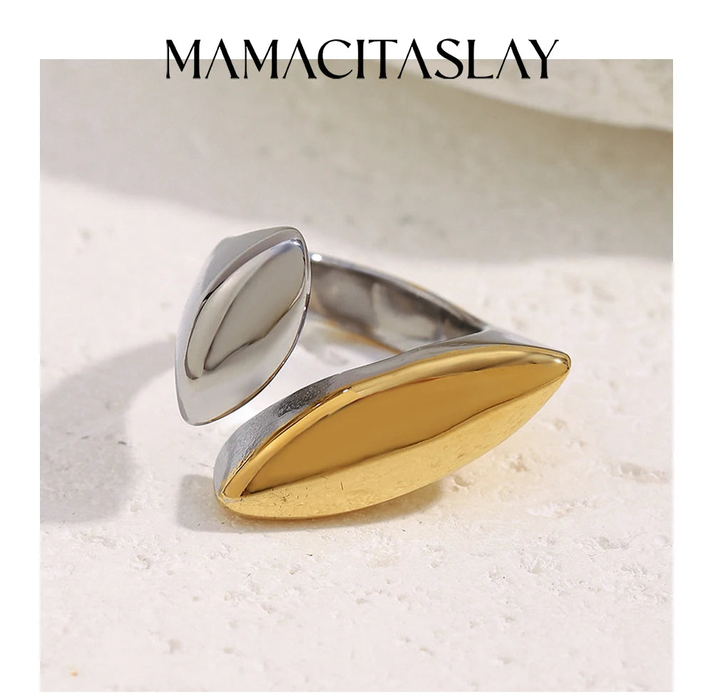 MamacitaSlay 316L Stainless Steel Two Tone Willow Asymmetrical Opening Ring Party Waterproof Jewelry Women's Unique Cool Ring